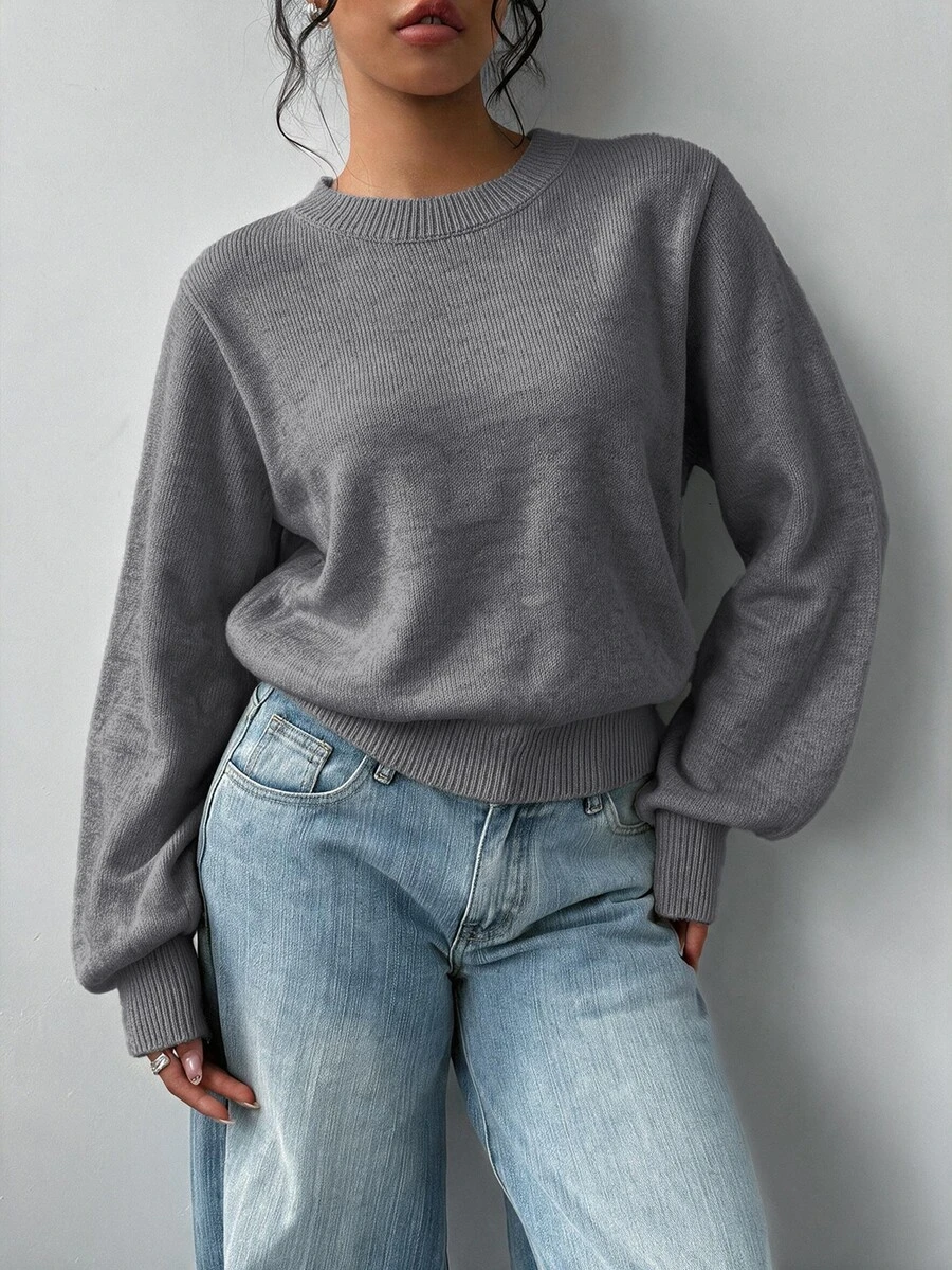 SHEIN BASICS 女款素色圓領長袖休閒基礎寬鬆毛衣 淺黃色 秋冬日常 早午餐 校園穿搭 - 淺灰色 - 查看 1