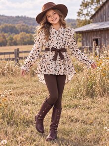 SHEIN Vintaside Kids 女童格紋梭織布長袖襯衫洋裝，附荷葉邊飾邊、腰帶與內搭褲套裝 - 彩色 - 查看 2