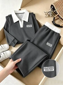SHEIN 女童 2 件組復古美式學院風棕色上衣寬腿褲套裝，休閒秋季長袖圓領套裝，適合學校 7 歲生日 - 深灰色 - 查看 4