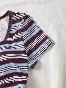 SHEIN Tween女孩法式復古方領羅紋修身短袖T恤，夏季圖案T恤，長袖 - 彩色 - 查看 5