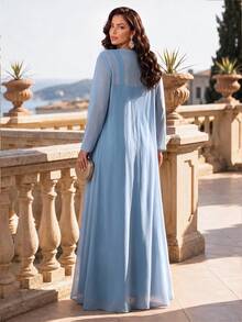 SHEIN Lady فستان ورداء نسائي مقاس كبير مزين بالراين ستون مطوي كاجوال رومانسي أنيق طقم من قطعتين رسمي للزفاف وحفلات الخريف الفاخرة وحفلات التخرج - الأزرق - مشاهدة 2