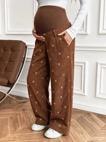 Boho Mama Elegant Embroidered Pocket Loose Pants For Pregnant Women - Coffee Brown - View 5