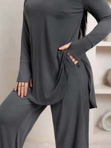 Veilorie Women's Long Sleeve Top And Loose Pants With Pockets Sports Set - Dark Grey - View 5