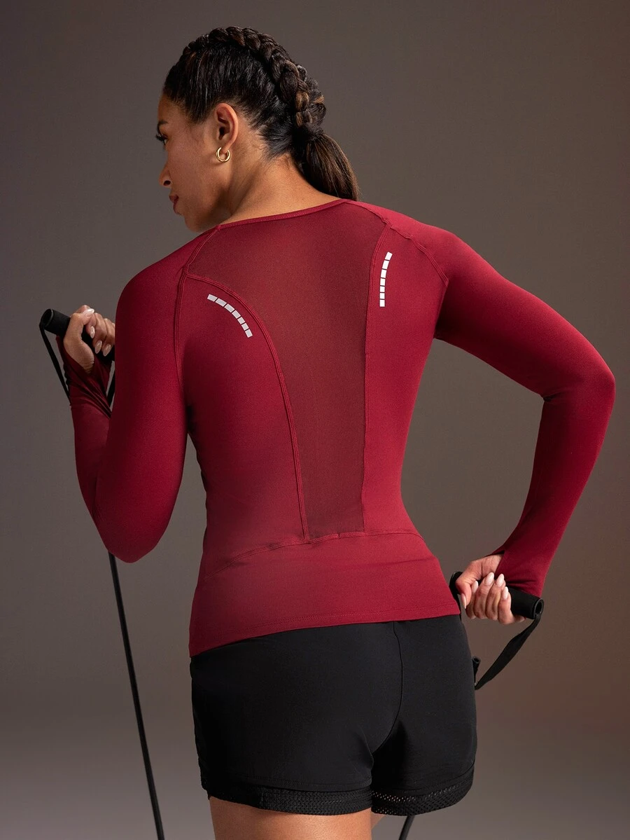Powerista Letter Print Long Sleeve Sports T-Shirt Yoga Fitness - Burgundy - View 1