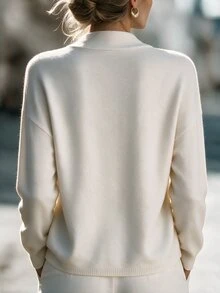 Linhara CURVE Plus Size Women Solid Color Dropped Shoulder Long Sleeve Frog Button Placket Casual Knit Cardigan - Beige - View 2
