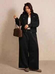 Elaquor Bộ 2 món áo khoác tay dài và quần màu trơn phong cách thường ngày cho nữ size lớn - màu đen - Xem 4