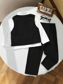 SHEIN 兒童3件組小男孩可愛休閒百搭上衣、長袖白色襯衫、休閒長褲套裝，適合生日派對、派對、表演、婚禮 - 黑色 - 查看 2