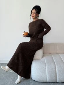 Selianne Women's Autumn/Winter Slouchy Round Neck Knit Sweater & High Waist Long Skirt 2 Pieces Set, Loose Long Sleeve Pullover - Brown - View 4