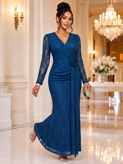SHEIN Lady Vestido elegante de mujer con decoración floral 3D y encaje