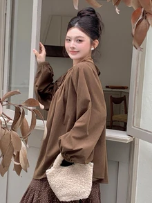 Dazy Plus بلوزة دمية فضفاضة برقبة دائرية بلون موحد مع كوردروي مطوي كاجوال للعطلات الربيع والخريف - بني - مشاهدة 7