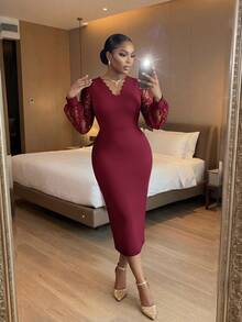 SHEIN Lady CURVE Plus Size Elegant Lace Evening Dress - Burgundy - View 3