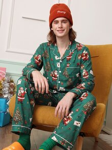 Chillnights 男士聖誕老人印花翻領休閒家居服套裝 - 綠色 - 查看 6