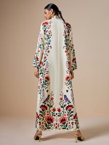 LOTSLUV Women's Autumn Elegant Apricot & Colorful Floral Print High Neck Tie Long Sleeve Straight Dress - Multicolor - View 2