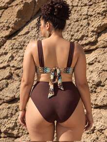 Swim Oasis Plus Size Women's Summer Beach Colorblock Sexy Bikini And Triangle Panty Two-Piece Swimsuit Set With Skirt - Multicolor - View 2