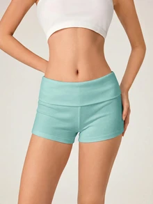 SHEIN BASICS 女款休閒基礎保守版寬鬆運動休閒風素色羅紋針織短褲，夏季健身房運動白色運動健身皮拉提斯 - 薄荷綠 - 查看 3