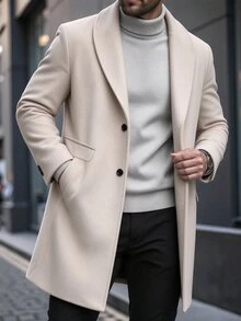 Manfinity Homme 男士大尺碼鈕扣前襟長袖口袋簡約休閒大衣，適合外出，送給朋友、丈夫和男友的禮物，秋冬款 - 杏色 - 查看 1