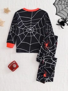 SHEIN Bộ đồ ngủ mặc nhà cho bé trai dáng ôm, họa tiết nhện hoạt hình, len dệt mềm, phong cách đơn giản thoải mái, dày dặn, tay dài quần dài, phù hợp cho mùa thu/đông - màu đen - Xem 2