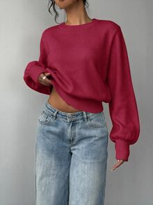 SHEIN BASICS 女款素色圓領長袖休閒基礎款寬鬆針織衫，淡黃色，適合早午餐、學校、日常穿著，秋冬款 - 中紫紅色 - 查看 3