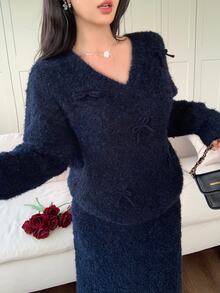 Feyla Women's 2pcs Bow Decor Knitted Set, Round V-Neck Long Sleeve Loose Sweater & High Waist Long Skirt - Blue - View 4