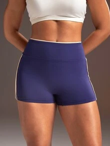 Powerista Women's Navy Blue & Beige Colorblock Fitted Sports Shorts - Navy Blue - View 4