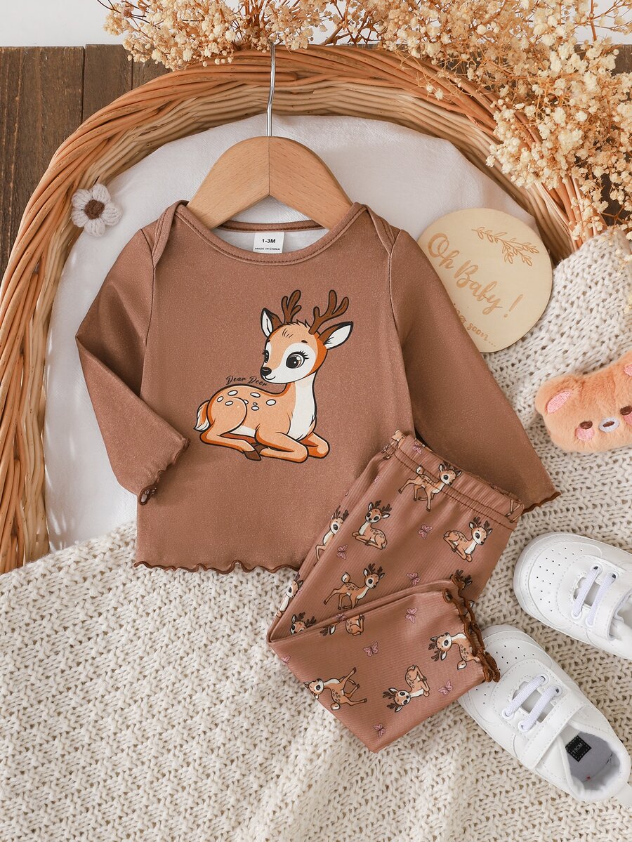 SHEIN 新生兒小鹿圖案印花上衣與長褲家居服套裝 - 彩色 - 查看 1