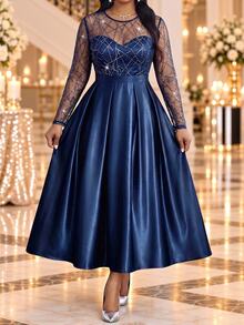Fleurora Plus Size Women's Patchwork Sequin Mesh Round Neck Long Sleeve Elegant Dress - Navy Blue - View 4