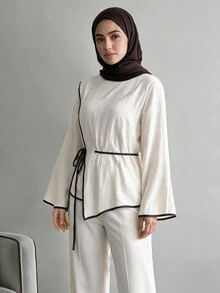 Solavon Women's Korean Style Striped Colorblock Tie-Front Shirt - Beige - View 1