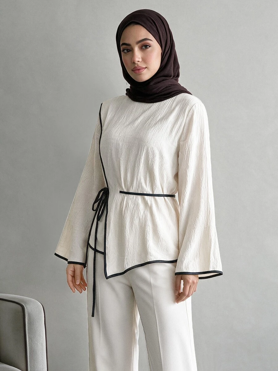 Solavon Women's Korean Style Striped Colorblock Tie-Front Shirt - Beige - View 1