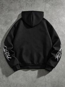 SHEIN Coolqubz 1件青少年男孩連帽街頭風運動風開襟運動衫外套，大印花圖案設計，適合運動與街頭穿搭，亦適用多種場合，秋季新品 - 黑色 - 查看 2