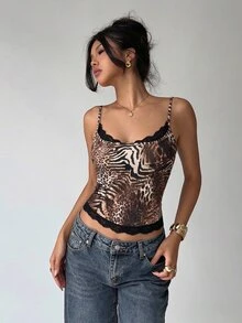 Aloruh 女款優雅性感 Y2K 蕾絲拼接豹紋細肩帶背心，萬聖節內搭背心，百搭秋冬內搭背心 - 棕色 - 查看 5