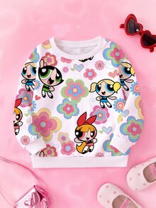 THE POWERPUFF GIRLS X SHEIN 女嬰花卉卡通角色印花長袖寬鬆圓領衛衣，春秋休閒款 - 白色 - 查看 4