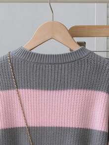 SHEIN Girls' Long Sleeve Pink Gradient Striped Pullover Crew Neck Sweater, Winter - Multicolor - View 3