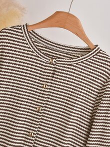 CosyJoli Plus Size Women's Casual Colorblock Striped Cotton T-Shirt, White Top, Button, Metal Buckle, Suitable For Autumn Formal Occasions And Office Wear. - Multicolor - View 4