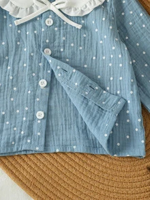 SHEIN 1pc Toddler Baby Girls Peter Pan Collar Blouse Sweet Blue Polka Dot Print Bow Ruffle Long Sleeve Round Neck Regular Party Spring Holiday Tops - Baby Blue - View 6