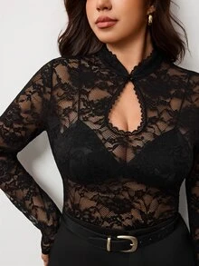 Enliva Plus Size Women's Black Long-Sleeved Top With Stand Collar And Lace Hourglass - Black - View 6