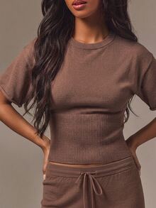Athîral Women's Casual Brown Short Sleeve Knit Top And Long Pants 2 Pieces Set, Suitable For Spring/Summer, Commuting, Outings, Vacation - Brown - View 3