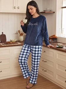 Doze Lane Autumn/Winter Flannel Pajama Set With Letter Embroidery And Plaid Pattern, Plus Size - Navy Blue - View 5