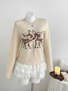 Elamini Women's Autumn/Winter Solid Color Bow & Double Deer Jacquard Loose Slouchy Retro Sweet Long Sleeve Sweater Top - Khaki - View 3