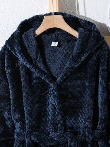 SHEIN 青少年男孩毛絨復古長袖連帽睡袍居家服 - 藍色 - 查看 4