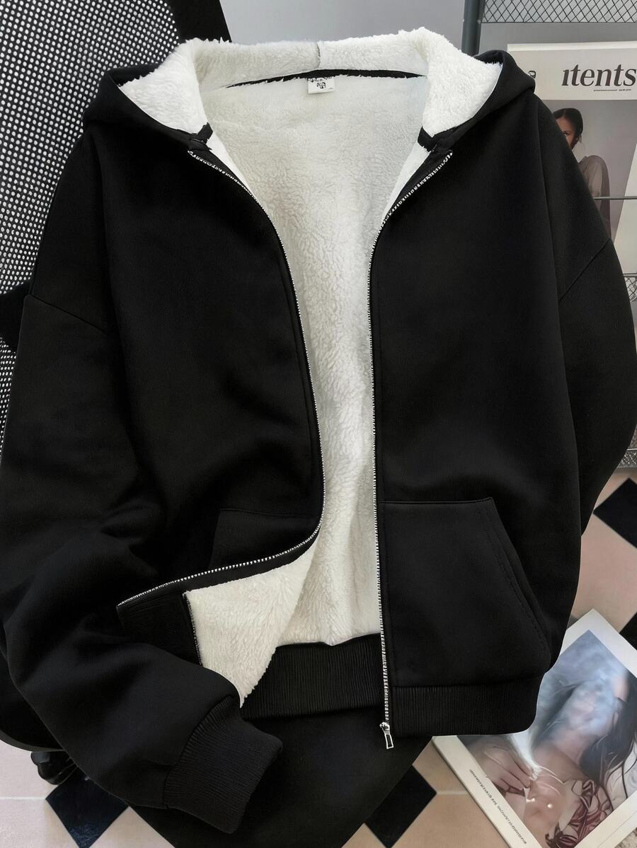 SHEIN 青少年女孩秋冬黑色對比色保暖內裡休閒寬鬆套頭運動衫,極簡設計,適合休閒與運動 - 黑色 - 查看 1