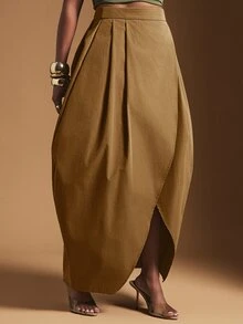 Vixey High Waist Balloon Shape Asymmetrical Midi Skirt - Mocha Brown - View 4