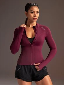 Powerista 女款字母印花拉鍊運動外套，高彈性健身訓練外套，適合重量訓練、運動休閒日常穿著 - 紅色 - 查看 6