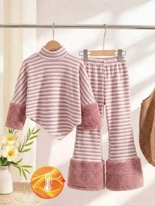 SHEIN 2件組幼女上衣+喇叭褲，甜美粉白條紋毛絨長袖小高領，假日秋季公主芭蕾喇叭褲 - 粉色 - 查看 2