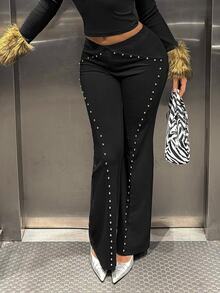 Jeanoix Y2K Street Punk Hot Girl Rivet Decor Versatile Slim Fit Flare Leg Women's Pants - Black - View 1