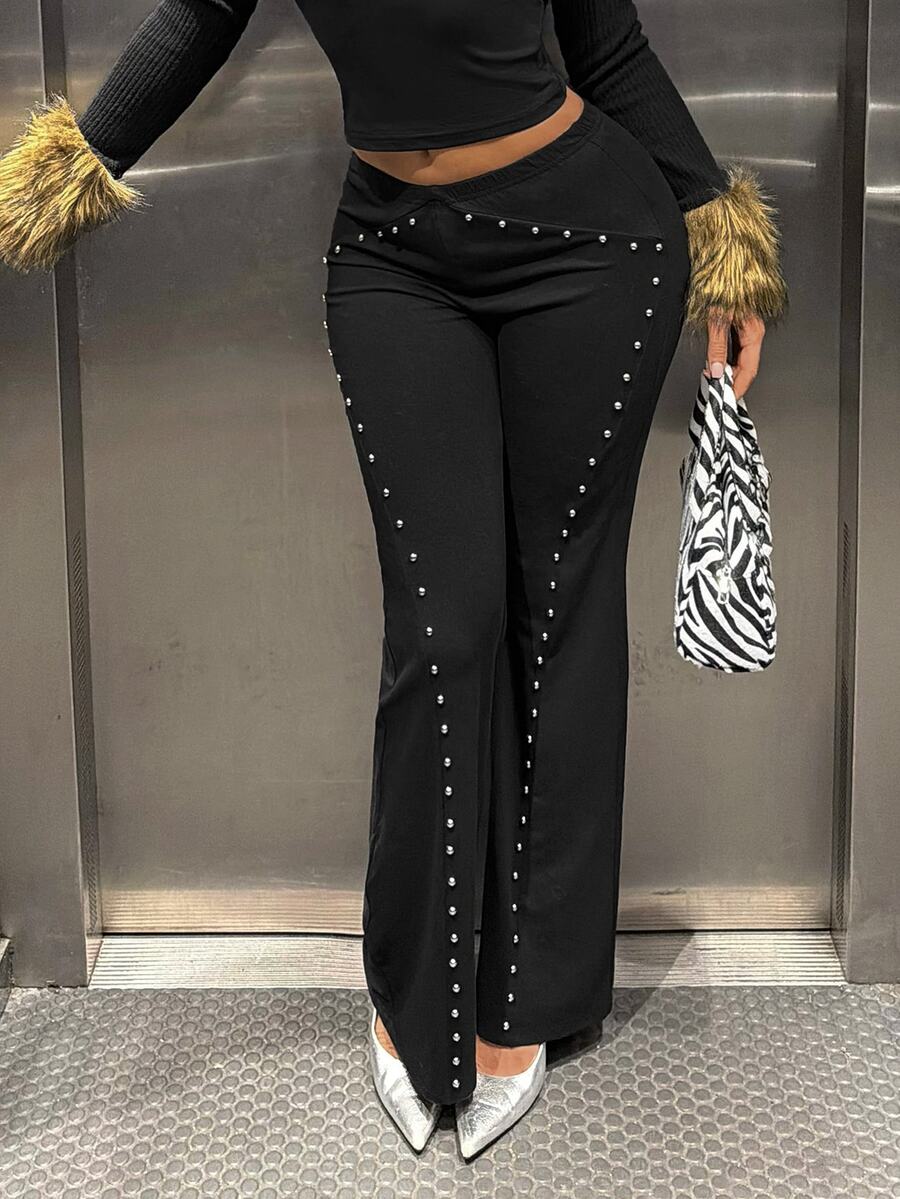 Jeanoix Y2K Street Punk Hot Girl Rivet Decor Versatile Slim Fit Flare Leg Women's Pants - Black - View 1