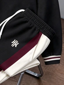 OlaRiff Men's Loose Fit Slightly Dropped Shoulder Pullover Sweatshirt Set, Black Colorblock Design, Suitable For Casual Wear, Outdoor Sports, College Style, Gift For Friends - Multicolor - View 4