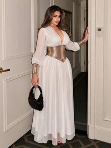 NU&NOW Plus Size French Style Mesh Patchwork Fitted V-Neck Maxi Evening Dress For Beach Vacation - White - View 4