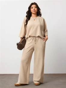 Enliva Plus Size Knit Two Pieces Set With Wide Leg Pants For Pear Body - Khaki - View 4