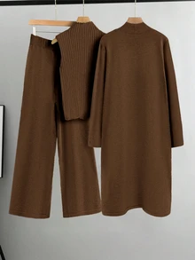 Linhara Plus Size Casual Solid Color Cardigan Knit Vest And Pants Set, Autumn/Winter - Brown - View 2