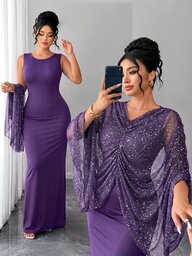 Elenzga فستان نسائي أنيق محبوك من الشبك الأسود مع رقائق فضية مطوية بتصميم كيب وشال ضيق للجسم بمقاسات كبيرة
